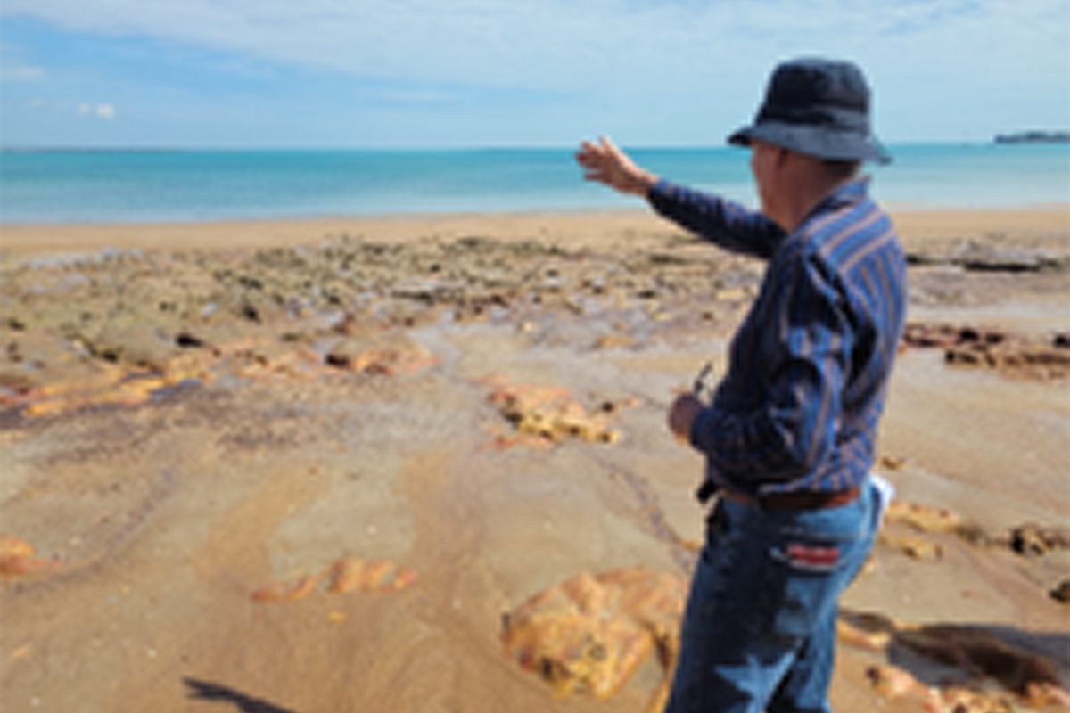 Steven undertaking his “Tickell Tour” to a number of budding hydrogeologists from PWC, CDU and Water Resources. Here he is indicating geological structure direction at Bundilla Beach near Darwin’s Ski Club during the dry season this year.